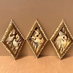 Vintage Burwood Wildlife Bird Diamond Plastic Wall Plaques Set of 3 - 1973